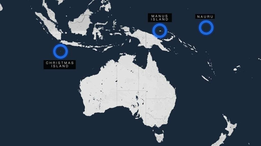 A map of Australia in white on a blue background, showing the country in relation to Christmas Island, Manus Island, PNG and Nauru.