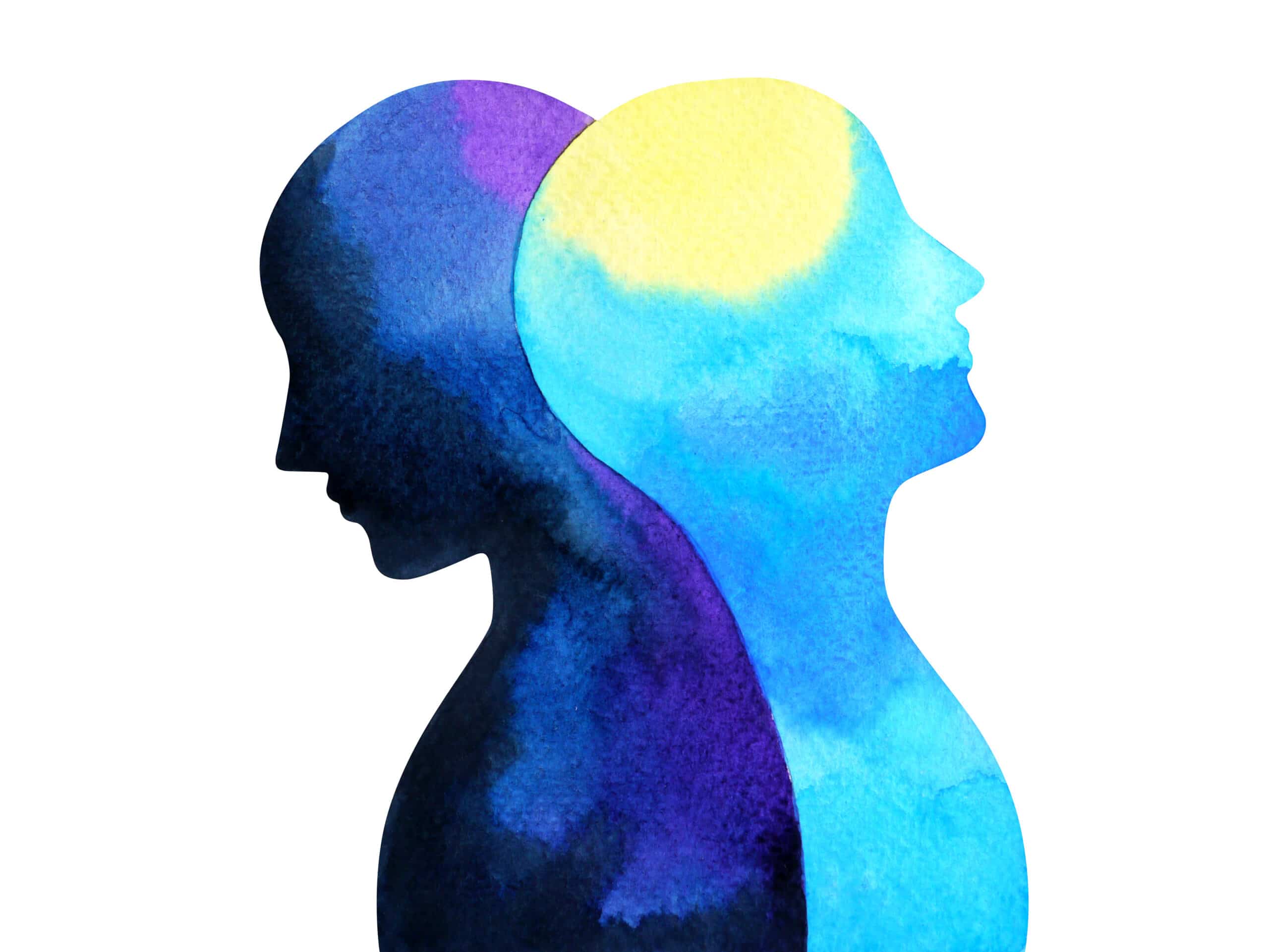 An illustration of two people, their heads and shoulders intertwined, from the side. They are drawn in purple, blue and yellow watercolours.