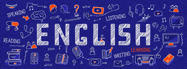Illustration of the word "English" in white lettering against a purple background with other drawings in white and orange surrounding it.