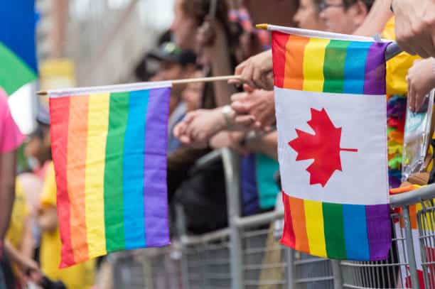 A row of hands holding rainbow and Canadian flags.