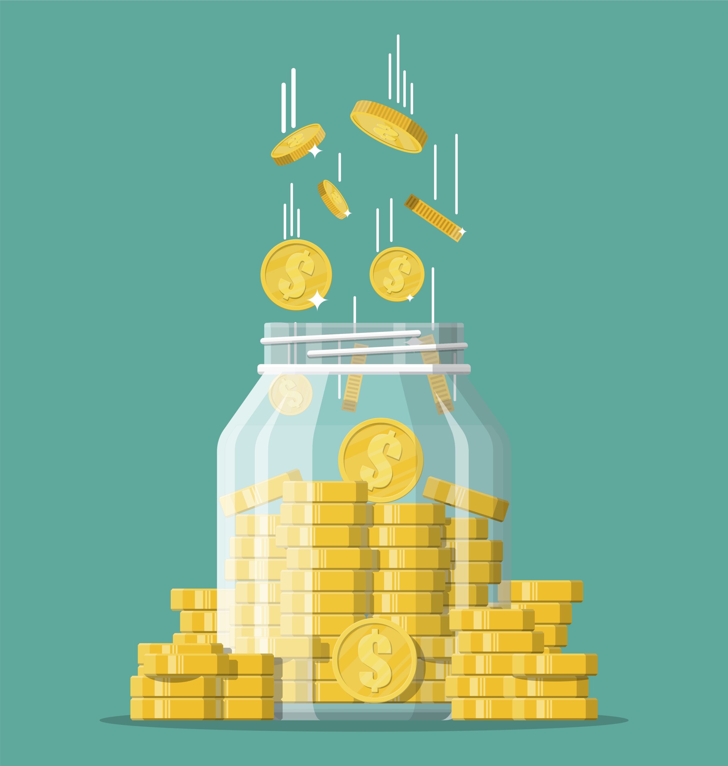 Illustration of a clear jar filled with gold coins against a green background.