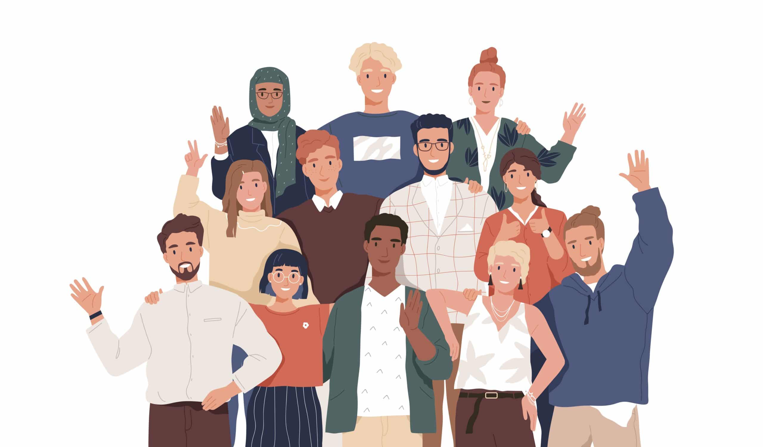 Illustration of group of people who are smiling and waving.