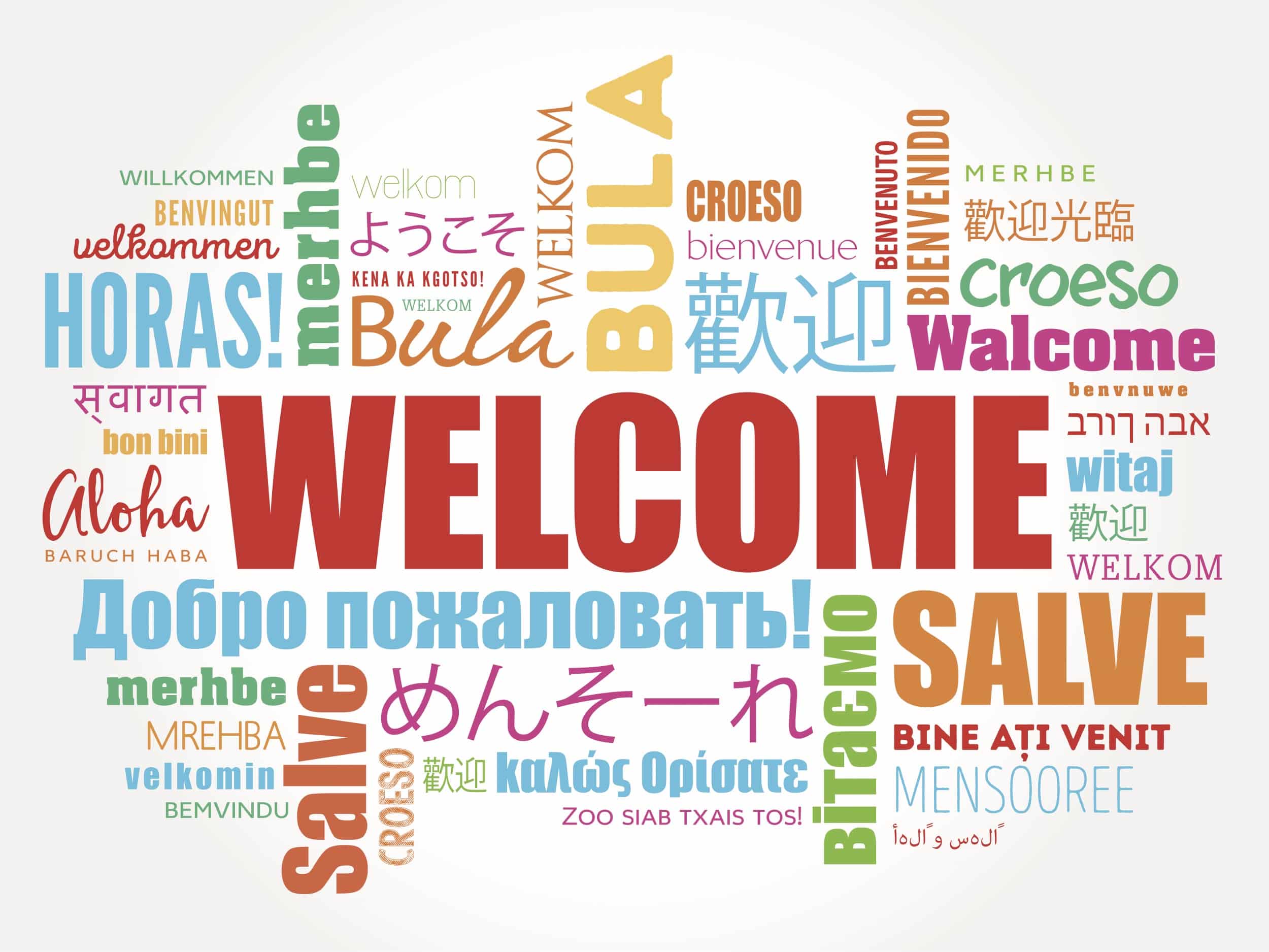 Illustration with the word "Welcome" in red letters in the middle surrounded by welcome in different languages surrounding it.